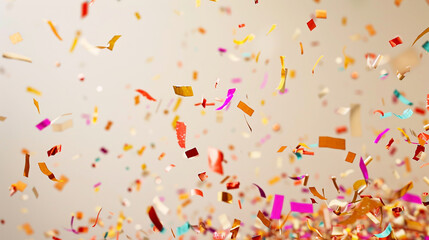 Cheerful confetti dispersal over a light cream background, creating a soft and inviting celebration scene in ultra HD.