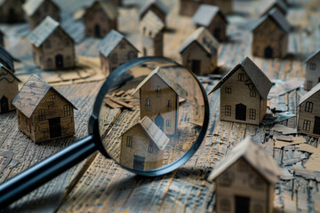 A magnifying glass over small paper houses, representing real estate. A destroyed wooden town with many similar looking mini house models on the table.