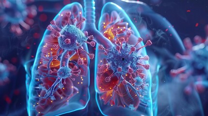 A clear 3D illustration of human lungs with the virus marked in blue, providing a vivid representation of how the virus interacts with lung structures