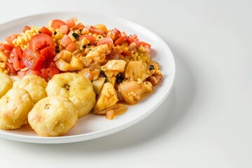 Jamaican Breakfast Dish: Ackee and Saltfish with Plantains, Dumplings, and Garlic, Seasoned with Black Pepper and Paprika, Garnished with Onions and Tomatoes