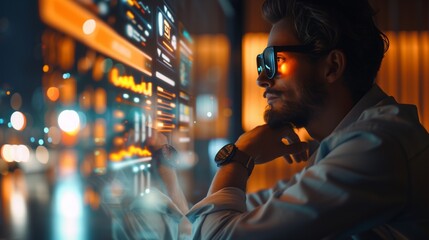 A man in sunglasses examines a digital display of complex data in a high-tech office environment