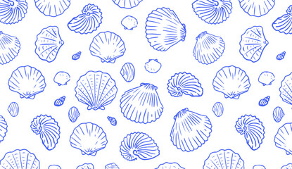 Seamless pattern of blue hand drawn seashells on white background. Marine-inspired design. Coastal and beach theme concept for textile, wallpaper, and interior design.