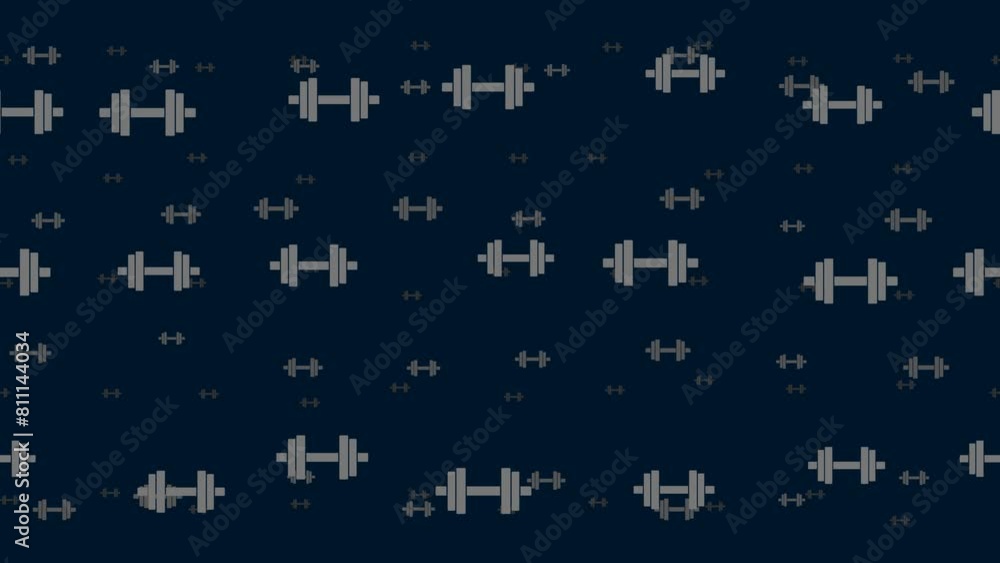 Poster dumbbell symbols float horizontally from left to right. parallax fly effect. floating symbols are lo