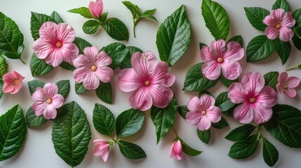 Pink Flowers and Green Leaves on White Surface