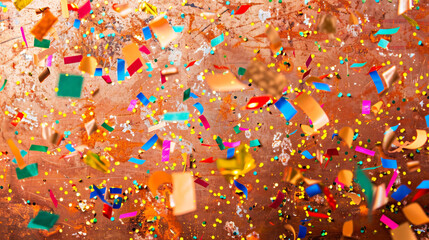 Colorful confetti rain on a rustic copper background, blending traditional celebration with a...