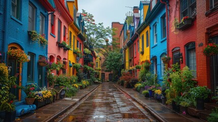 Fototapeta premium Colorful Buildings and Potted Plants on a Narrow Street