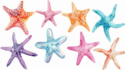 Colorful starfish with different colors and sizes, watercolor painting.