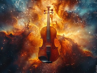 A violin placed in a space filled with stars, highlighting the contrast between the musical...