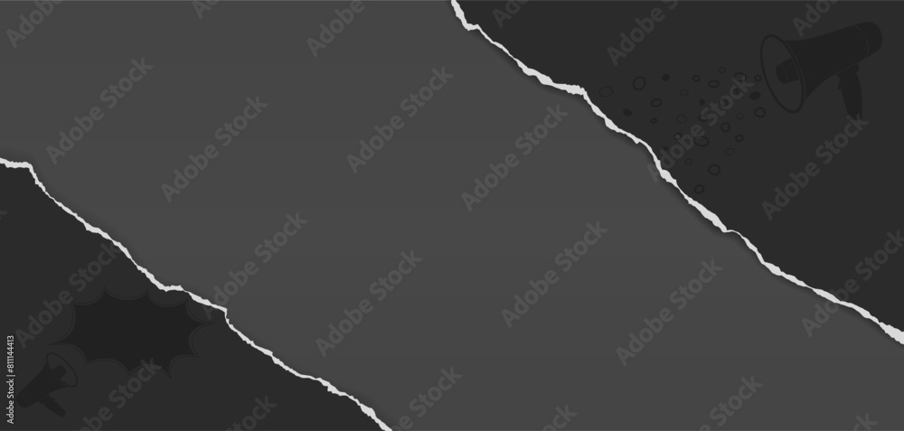 Poster black paper strips with torn edge, note and soft shadow are on grey background for text or ad.