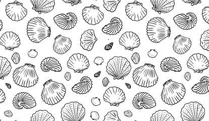 Seamless pattern of hand drawn seashells on white background. Marine-inspired design. Coastal and beach theme concept for textile, wallpaper, and interior design.