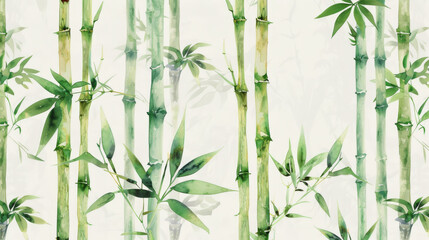 Watercolor painting of bamboo trees with green leaves isolated on white, zen and oriental background.