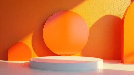3D mockup white round podium realistic with orange geometric circle wall backdrop in a minimalist room. Minimal scene for product display