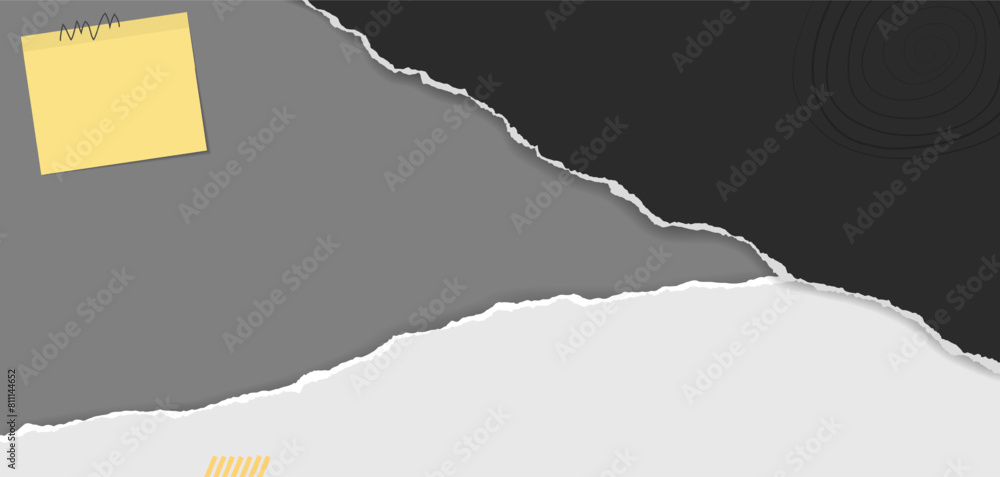 Aufkleber black paper strips with torn edge, note and soft shadow are on grey background for text or ad.