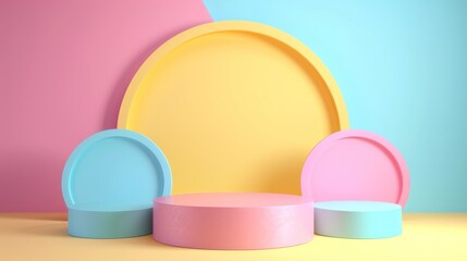 Three empty cylinder pedestal podium pastel with yellow geometric circle shaped backdrop for product display. 3D mockup