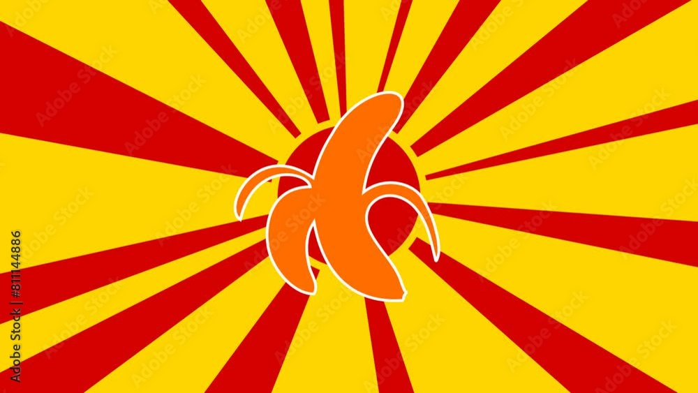 Poster peeled banana symbol on the background of animation from moving rays of the sun. large orange symbol