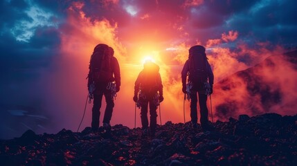 Fototapeta premium Climbers scaling icy section of mount everest at sunrise with ropes and harnesses
