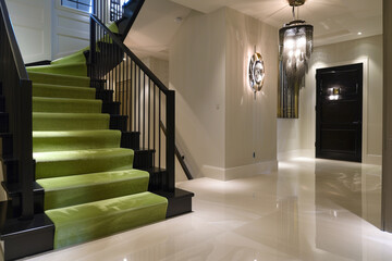 Contemporary mansion foyer with electric lime carpeted stairs highlighted by a minimalist black...