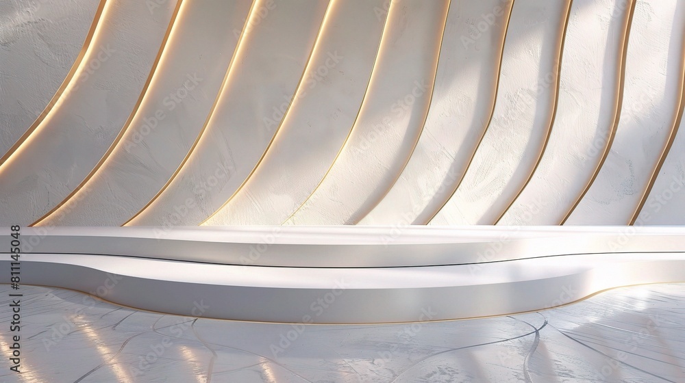 Poster white podium adorned with golden curve line elements