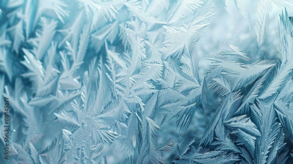 Poster A detailed close-up of a frosted glass window, showing intricate ice patterns on the transparent surface.