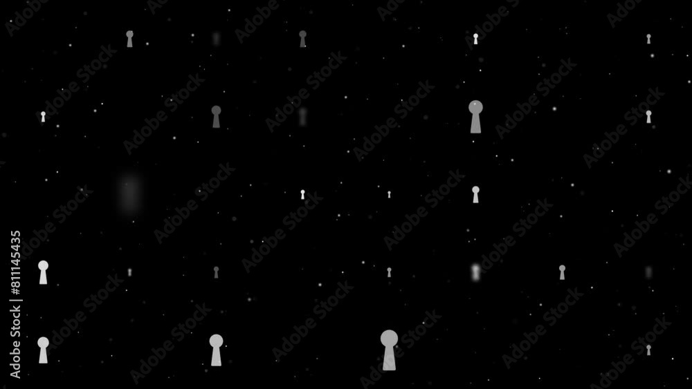 Poster template animation of evenly spaced keyhole symbols of different sizes and opacity. animation of tra