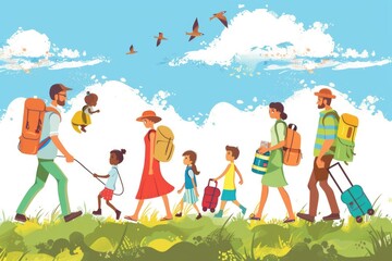 Fototapeta premium A group of people walking in a grassy field. Ideal for outdoor activities promotions