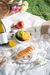 Christmas party table with delicious food and wine