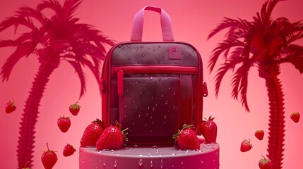A red and black backpack is displayed with a bunch of strawberries on top of it. The backpack is placed on a table with a pink background. The strawberries are scattered around the backpack