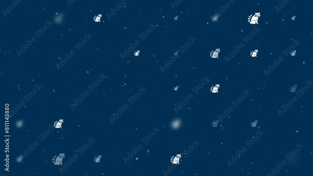 Poster template animation of evenly spaced raccoon symbols of different sizes and opacity. animation of tra