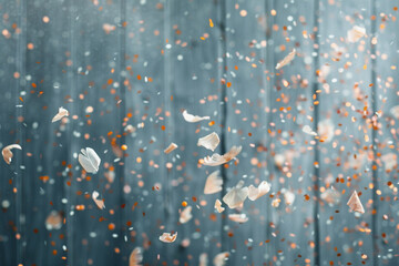 Delicate confetti falls against a muted slate background, creating a subtle and elegant celebration scene in ultra HD.