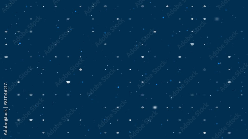 Poster template animation of evenly spaced square academic cap symbols of different sizes and opacity. anim