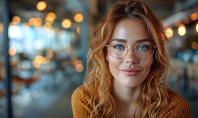 Obraz premium Stylish woman with curly hair,Ideal for fashion and lifestyle magazines, trendy café promotions, eyewear marketing campaigns, social media lifestyle influencers, and urban culture blogs.