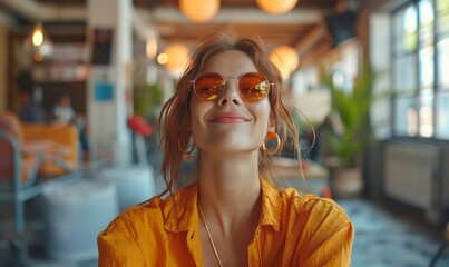 Stylish woman with curly hair,Ideal for fashion and lifestyle magazines, trendy caf&eacute; promotions, eyewear marketing campaigns, social media lifestyle influencers, and urban culture blogs.