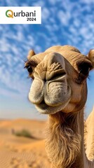 Naklejka premium Camel looking at the camera with the text Qurbani 2024 desert background.