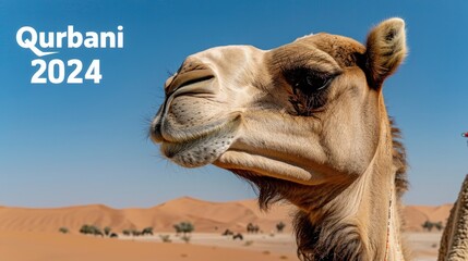 Fototapeta premium Camel looking at the camera with the text Qurbani 2024 desert background.