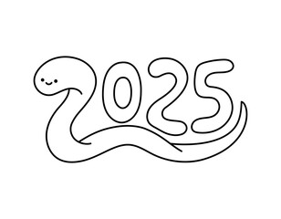 Fototapeta premium Snake 2025 year symbol. Cute cartoon outline snake smiling. Adorable doodle character. Vector illustration. 2025 numbers Chinese horoscope, oriental zodiac calendar