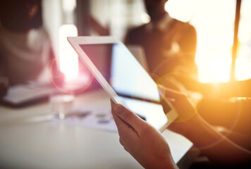 Lens flare, tablet and hands of business people in office for planning, online networking and...