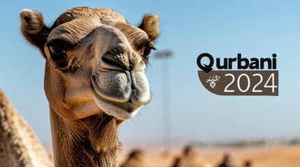 Naklejka premium Camel looking at the camera with the text Qurbani 2024 desert background.