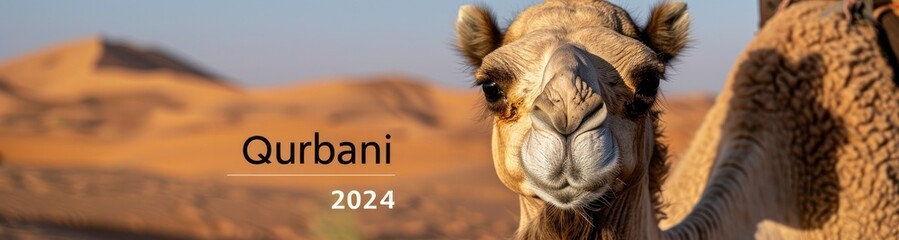 Fototapeta premium Camel looking at the camera with the text Qurbani 2024 desert background.
