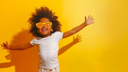 black little girl half body pose jumping wearing a blank white t-shirt and golden sunglasses,...