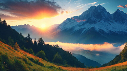 Obraz premium Natural landscape, beautiful sunrise above mountains 16:9 with copyspace