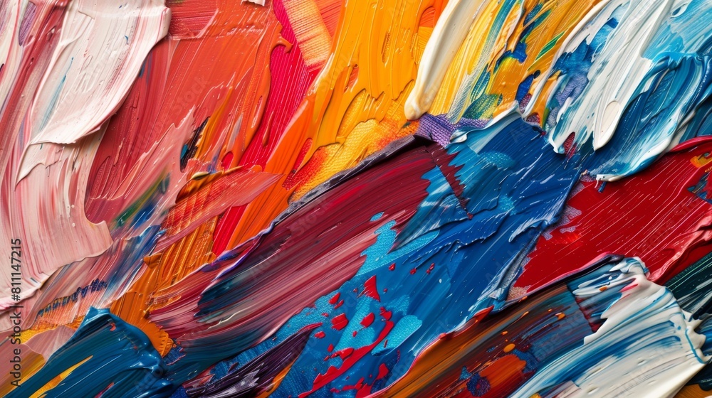 Aufkleber detailed close-up of a colorful painting with various paintbrushes creating texture and depth.