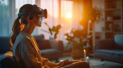 A woman immersed in a virtual reality experience while sitting in a chair, wearing a pair of futuristic glasses