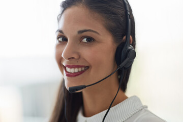 Call center, portrait or Indian woman in office consulting for insurance, faq or contact us, crm or...