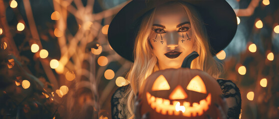 A witch costumed woman for Halloween holds a glowing jack-o-lantern with mischievous grin, her stitched makeup adding to spooky look. She wears black hat with blonde hair. Festive Halloween ambiance - 811147459