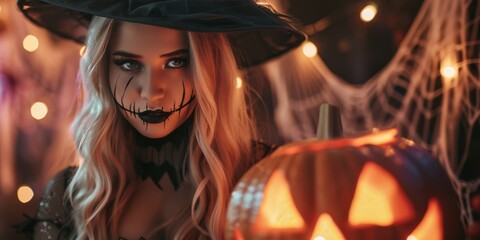 A witch costumed woman for Halloween holds a glowing jack-o-lantern with mischievous grin, her stitched makeup adding to spooky look. She wears black hat with blonde hair. Festive Halloween ambiance - 811147606