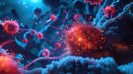 A conceptual image of a hightech medical examination of cancer cells, with micro to macro scaling, accentuated by dynamic neon lighting for dramatic effect