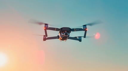 Advanced drone equipped with a camera flying in bright light against a clear sky backdrop, capturing the modern tech aesthetic