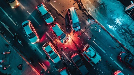 Aerial shot of a car accident at a busy city road, broken automobiles with deformation evident, highlighted by strong lighting