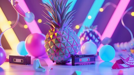 1980s party vibes with a pineapple disco ball, retro cassette tapes, neon lights, and dynamic geometric patterns