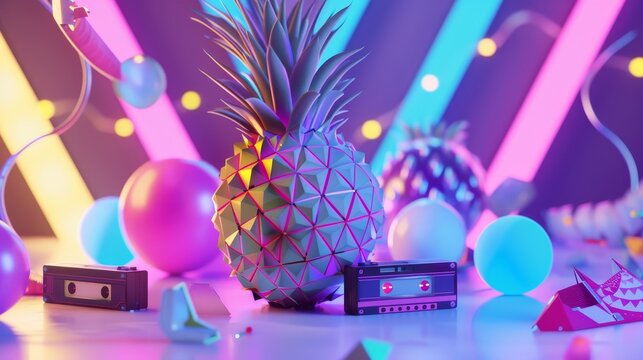 1980s party vibes with a pineapple disco ball, retro cassette tapes, neon lights, and dynamic geometric patterns
